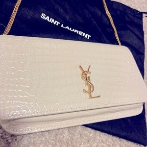 YSL - CELL/WALLET PURSE, FRONT DECORATED YSL, LEATHER & CHAIN STRAP. WORN ONCE.